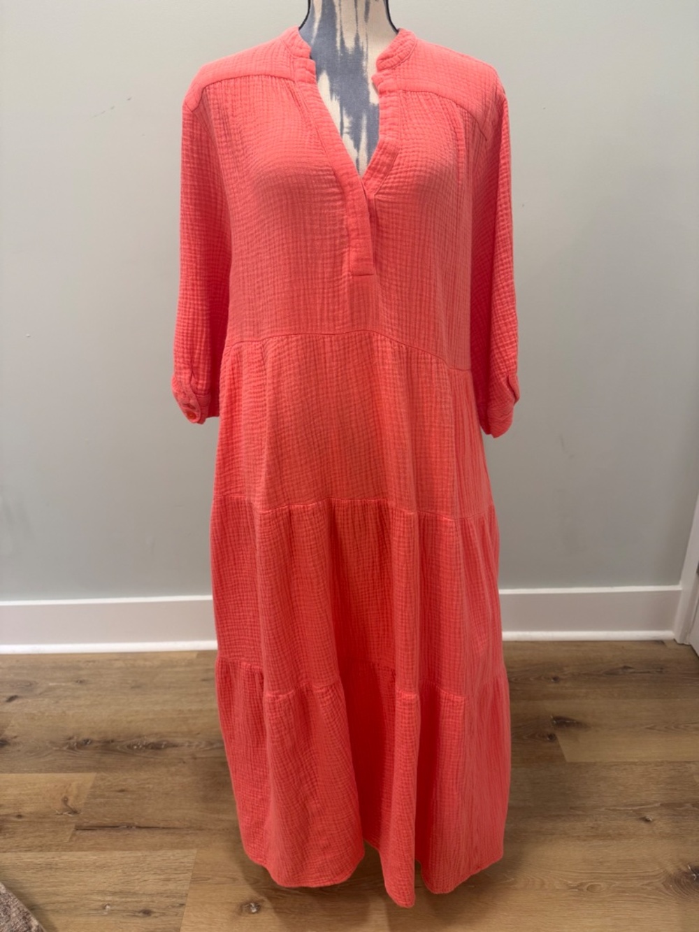 Chico's Cotton Gauze Tiered Dress in Coral 16/18 - Picture 5 of 10